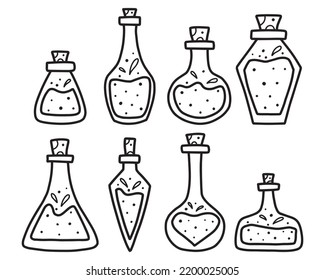 A set of potion jars. Magic Poison. Vector illustration. Collection of flasks with poison. Doodle style.