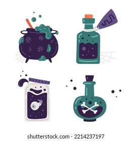 Set: potions, cauldron, jar, flasks for Halloween vector illustration