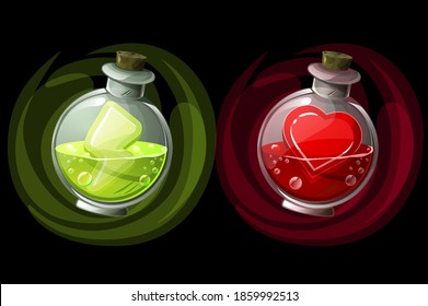 Set of potions in glass round bottles with icons. Vector bright jars of elixir with life and energy.