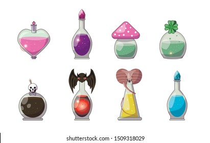 set of potions on a white background. Potions for different purposes. love potion, good luck potion, deadly poison and others.