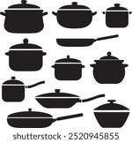 Set of pots. The black silhouette of an open pan, half-open with steam and with a lid. Stock vector illustration isolated on a white background