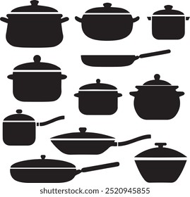 Set of pots. The black silhouette of an open pan, half-open with steam and with a lid. Stock vector illustration isolated on a white background