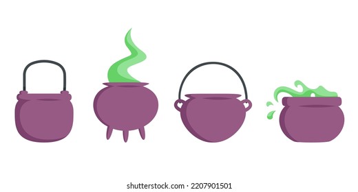 Set of pots for brewing potions. Halloween design elements in cartoon style.