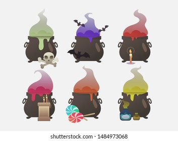 Set of pots cooking brew. Holiday, witchery, autumn. Halloween concept. Vector illustration can be used for banner, poster, greeting cards