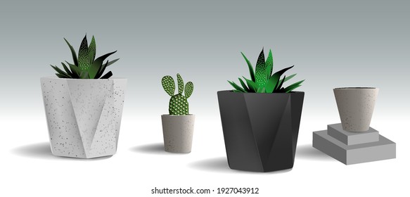 A Set Of Pots Of Different Shapes, Empty Pots And Pots With Flowers And Plants. Potted Plants EPS 8 Vector, Grouped For Easy Editing, No Open Shapes Or Paths.