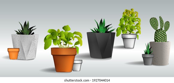 Eine Reihe von Töpfen verschiedener Formen, leere Töpfe und Töpfe mit Blumen und Pflanzen. Potted Plants EPS 8 Vektor, gruppiert für einfache Bearbeitung, keine offenen Formen oder Pfade.