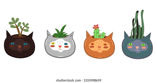 Set of pots for indoor plants in the shape of cat's heads isolated on a white background. Vector graphics.