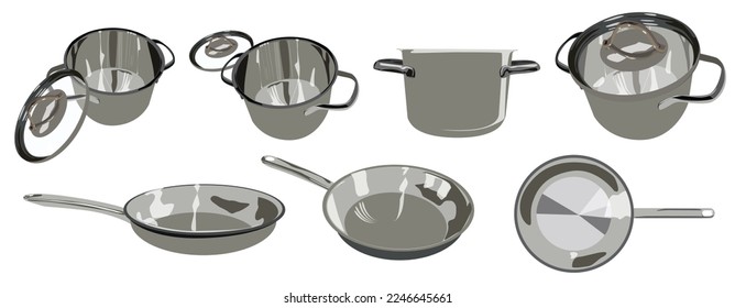 Set of pots, pans and lids next to each other isolated on white background 