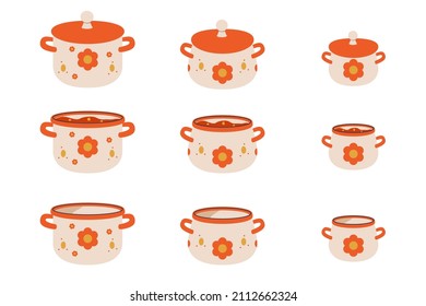 Set of pots and pans vector icons. Different sized cooking pots isolated on white. Vintage flower enamel on cooking pot. Set of cooking pots with lid and without lid