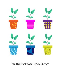 conjunto de macetas con plantas aisladas en vectores blancos