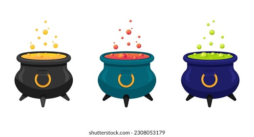 Set of pots with potion isolated on white background