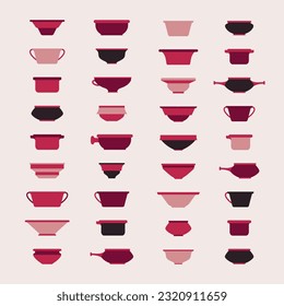 Set pots. Vector flat illustration. Various plates, bowls, dishes. Pottery studio icon set. Products shaped on potters wheel. Retro plates in modern style. Glazed pottery side view