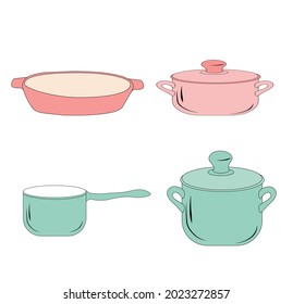 A set of pots is a vector stock illustration. Dishes for cooking on the stove in the kitchen. Isolated on a white background.