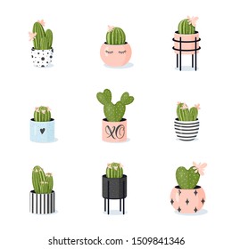 a set of potted blooming cacti in cute stylish modern flowerpots; vector illustration in cartoon style in soft pastel colors on white background; design element for various purposes