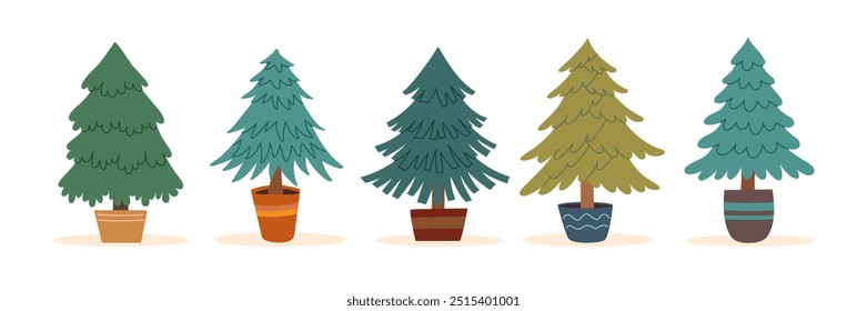 Set of potted Christmas trees isolated on white background. Sustainable Christmas concept. 