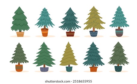 Set of potted Christmas trees isolated on white background. Sustainable Christmas concept.