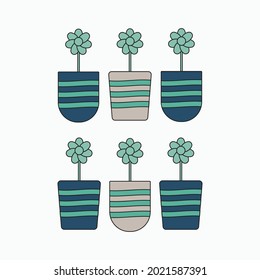 A set of potted flowers in blue, green and gray. A simple flat illustration. Icons, tags, stickers, symbols floriculture, home, ecology, cultivation
