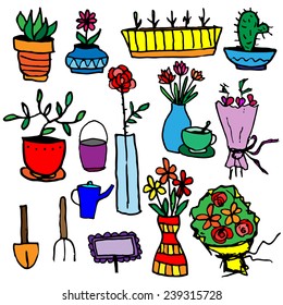 Set of potted flowers, garden furniture