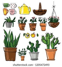Set potted flowers sketch black line, flowers in pots. Yellow teapot, cactus, cups, indoor plants.