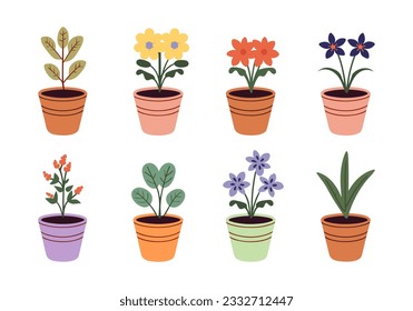 Juego de flores macetas vectorial en estilo de dibujos animados planos