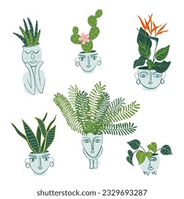 Set of potted houseplants. Cute green home decor, urban jungle, hygge concept. Flower pots with anthropomorphic faces.  Flat style vector illustration.
