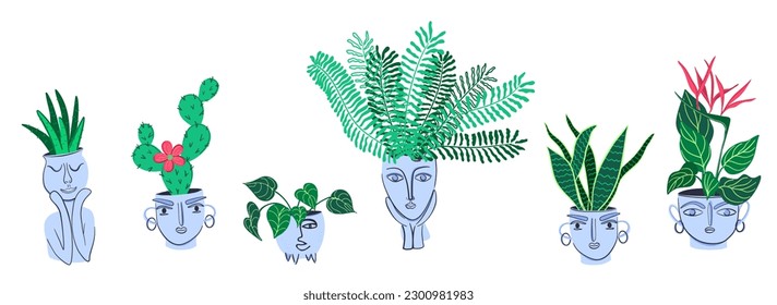 Set of potted houseplants.  Flowerpots with anthropomorphic faces. Cute natural home decor, urban jungle. Flat style vector illustration.