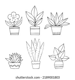 A set of potted indoor flowers on a white background. Manual contour drawing. Coloring book for children. Decorative elements for design.