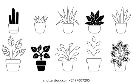 Un conjunto de iconos de plantas de interior en maceta en blanco y negro sobre un fondo blanco