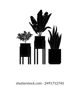 Set of potted indoor plants silhouettes. Isolated black silhouettes of house plants on white background. Home decor trend. Collection of decorative plants for home and office.Stock vector illustration