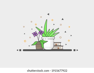 A set of potted ornamental plants with a stack of books on the side and a gray background can be used for wallpapers,posters, banners,invitation cards, and background. plant vector. plant illustration
