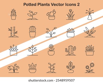 Set of potted plant icons illustrating different houseplants ideal for home and gardening themes.