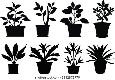 Conjunto de siluetas de macetas. Iconos de plantas tapadas. Ilustraciones vectoriales de plantas potentes.