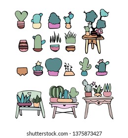 set of potted plants, cacti and succulents, home garden, isolated objects on white background, cute doodles