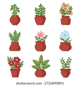 Conjunto de plantas y flores en maceta. Iconos aislados sobre fondo blanco. Ilustración vectorial.