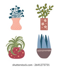 Set of potted plants. Hand drawn plants in pots. Interior plants.