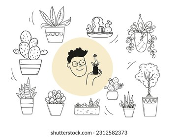 Set of  potted plants for home. A young smiling man holds a pot with a plant in her hands. Urban jungle. Trendy home decor with plants. Hobby gardening. Vector doodle illustration. 