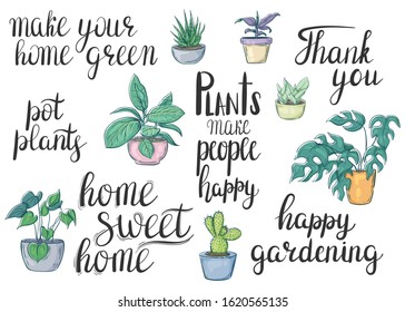 Set of potted plants and lettering