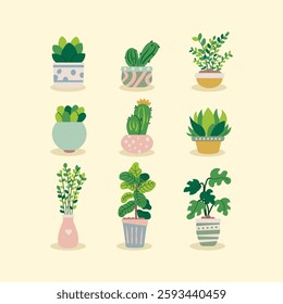 A set of potted plants, succulents, and cacti in a modern, minimalistic style. Aesthetic botanical vector set perfect for home decor, prints, stickers, web, and social media design.