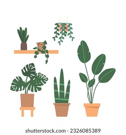 Set Of Potted Plants That Adds A Touch Of Greenery And Freshness To Any Space. Perfect For Indoor Decor, Vector