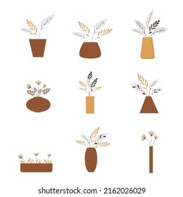 Set of potted stylized indoor plants for the interior. Various houseplants isolated on white background. flat vector illustration, vintage, beige and brown scale.