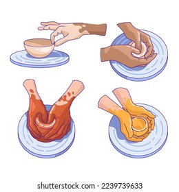 Se coloca con manos de alfarero haciendo jarrón de barro cerámico. Ilustración plana vectorial con contorno. Trabajando con arcilla en la rueda de la cerámica. Diseño para escuela de cerámica y estudio. Trabajar con arcilla variada