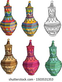 set of potteries from Aswan in Egypt,, colorful clay handmade potteries