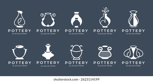 Set Pottery Ceramic logo Utensil Collection. Line Kitchen Stylized Whimsical Hand Drawn Vector Decor