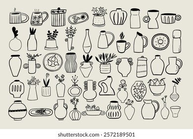 Set Pottery Ceramic Utensil. Collection Sketch Black Line Kitchen Symbol. Stylized Whimsical Hand Drawn Vector Element Decor