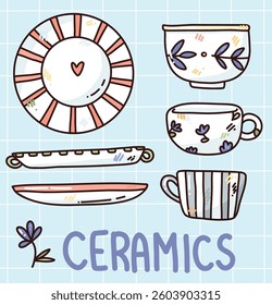 set with pottery elements. ceramic dishes. vector hand drawn illustration