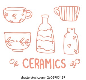 set with pottery elements. ceramic dishes. vector hand drawn illustration