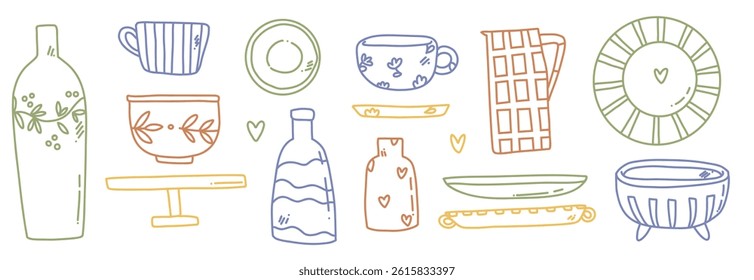 set with pottery elements. ceramic dishes. vector hand drawn illustration