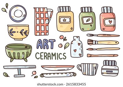 set with pottery elements and tools. ceramic dishes. vector hand drawn illustration