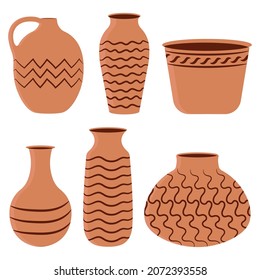 Set of pottery jars with abstract lines. Vector