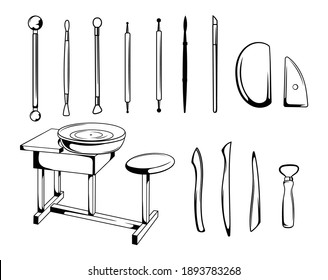 Conjunto de herramientas de cerámica. Colección de herramientas para esculpir cerámica y arcilla. Cerámica. Hobbies y taller. Ilustración vectorial de una tienda hecha a mano.